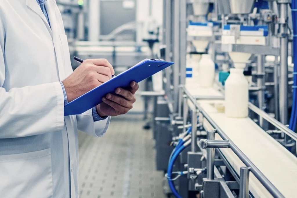 Profissional de qualidade realizando verificação em linha de produção de laticínios